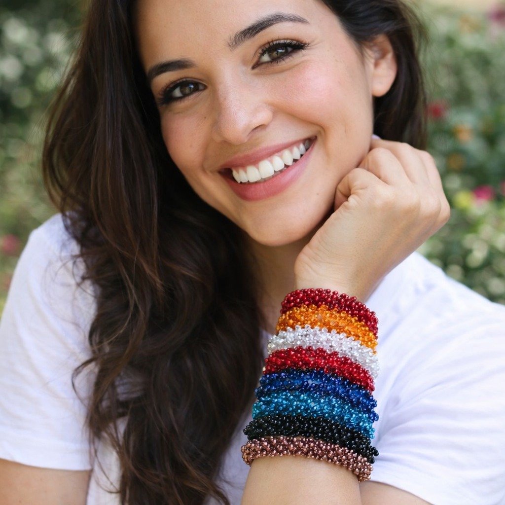 Modelo usando pulseiras Junqueira Biju